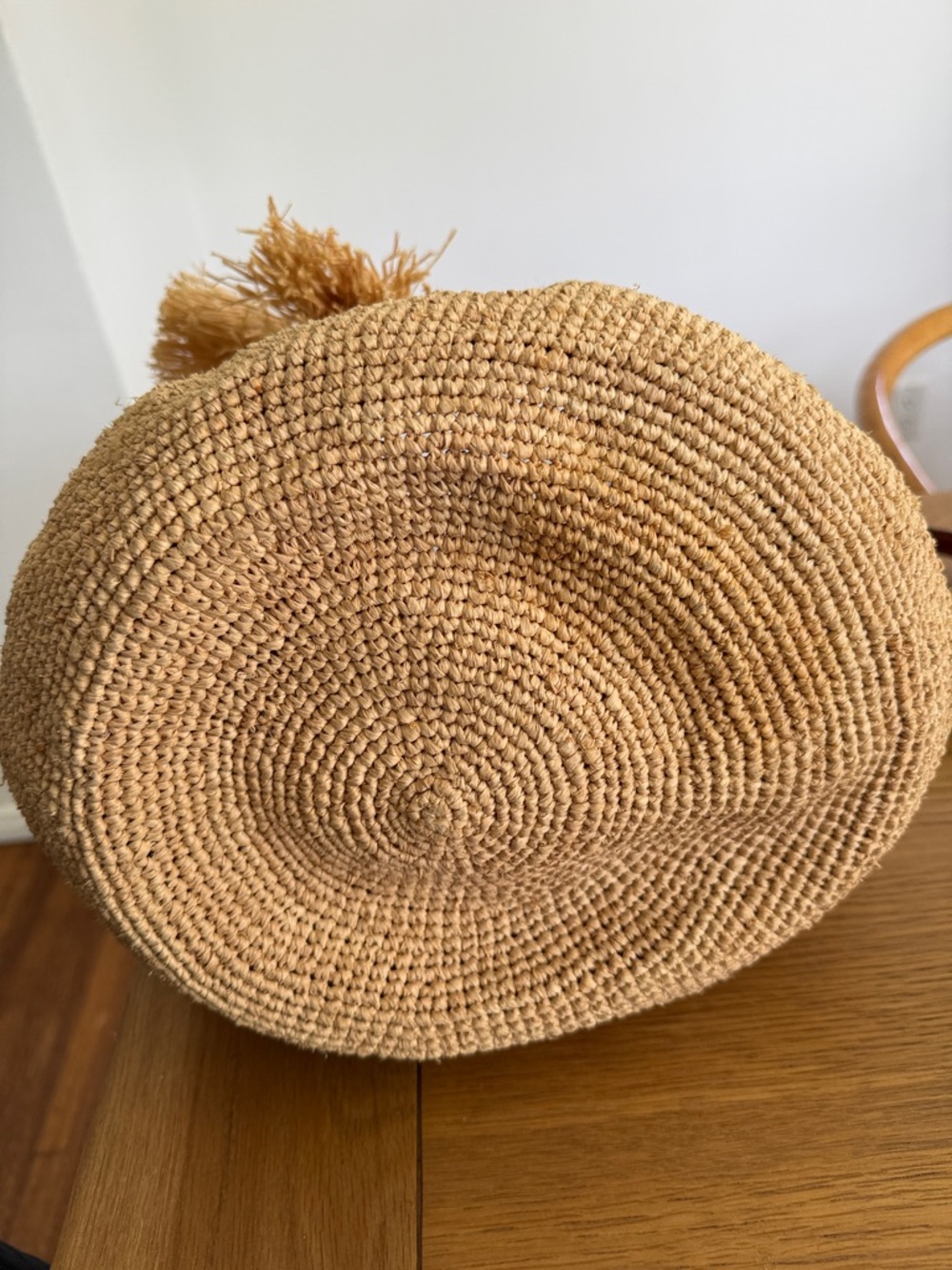 Woven Raffia Bucket Shoulder Bag in Natural Tan with Tassels - Picture 5 of 6